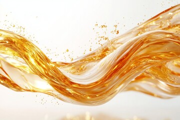 Golden Liquid Flow Abstract Amber Fluid Wave Splashing with Bubbles on a white background