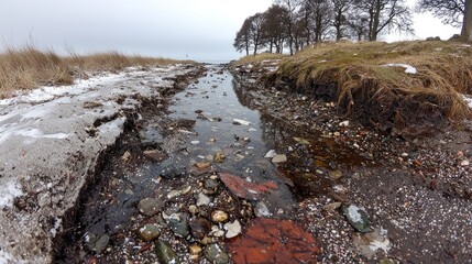 Obraz premium Coastal erosion, winter stream, trees, overcast sky. Use environmental impact illustration