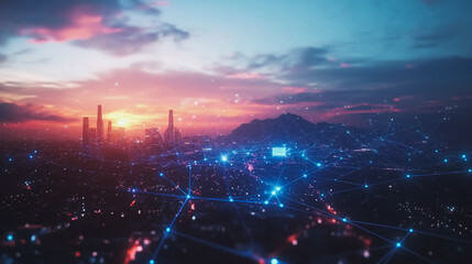 Obraz premium Smart digital Innovation city with connection network reciprocity over the cityscape. of future smart wireless digital city and social media networking systems that connects people with in city