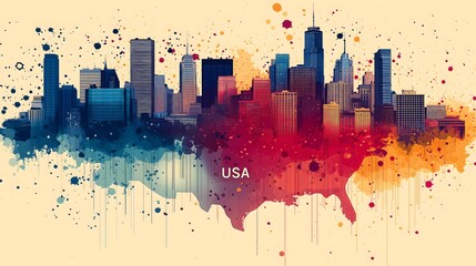 Vibrant USA Map with City Skyline and Colorful Splashes