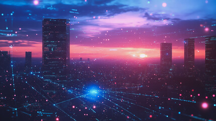 Obraz premium Smart digital Innovation city with connection network reciprocity over the cityscape. of future smart wireless digital city and social media networking systems that connects people with in city