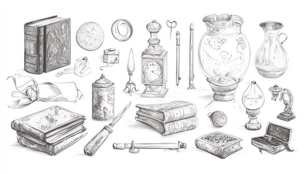 Line drawings historical artifacts and antiques, ideal for educational and cultural content.