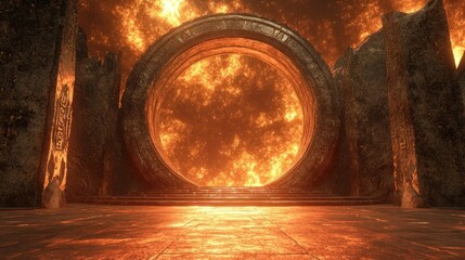 Obraz premium Dramatic fiery portal or archway opening up to a celestial mystical dimensional realm in a futuristic surreal and epic landscape with glowing energy light and cosmic elements