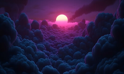 Surreal sunset over a sea of purple and blue clouds, ethereal landscape, dreamy cloudscape, vibrant colors, fantasy art.