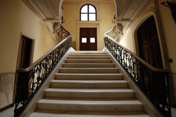 Grand mansion marble staircase, ornate railings, interior, sunlight, doorway, luxury home