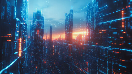 Naklejka premium Smart digital Innovation city with connection network reciprocity over the cityscape. of future smart wireless digital city and social media networking systems that connects people with in city