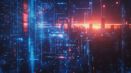 Fototapeta premium Smart digital Innovation city with connection network reciprocity over the cityscape. of future smart wireless digital city and social media networking systems that connects people with in city