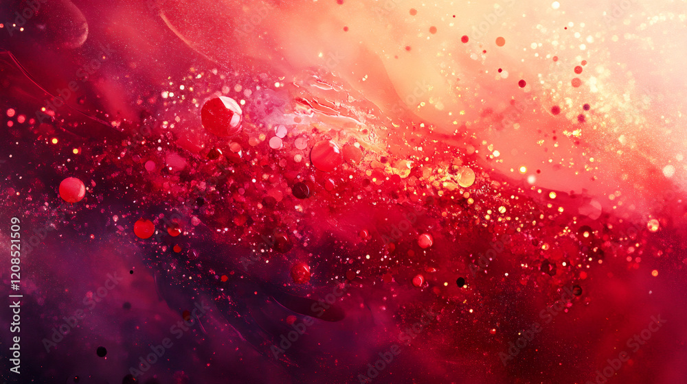 Poster vibrant red canvas featuring shimmering golden glitter and iridescent oil droplets forming dynamic a