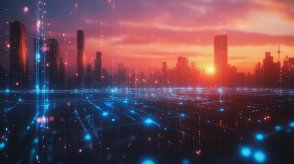 Obraz premium Smart digital Innovation city with connection network reciprocity over the cityscape. of future smart wireless digital city and social media networking systems that connects people with in city