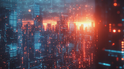 Obraz premium Smart digital Innovation city with connection network reciprocity over the cityscape. of future smart wireless digital city and social media networking systems that connects people with in city