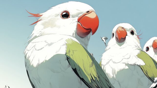 Vibrant parakeets perched under blue sky