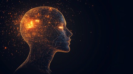Obraz premium A detailed digital model of a human head, showcasing glowing neural connections and symbols of data, representing advancements in artificial intelligence and technology.