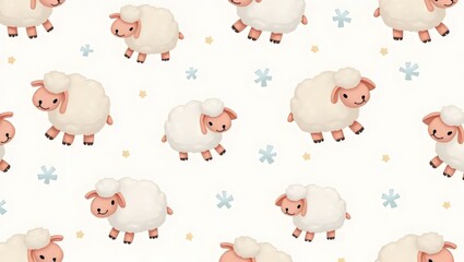 Obraz premium Seamless Pattern with Cute White Sheep and Blue Snowflake Accents