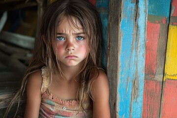 Fototapeta premium Sad girl, weathered wood, colorful background.