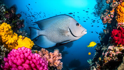 Vibrant coral reef scene featuring a majestic grey angelfish swimming amidst colorful corals and smaller fish.  Perfect for marine life, ocean, and nature themes.