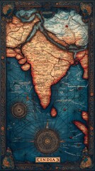 Decorative Vintage Map of India with Compass Rose