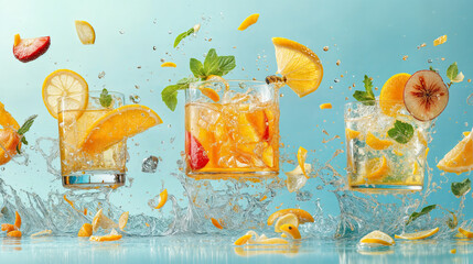 A vibrant, high-energy scene showcasing a tall, elegant cocktail glass filled with a layered,...