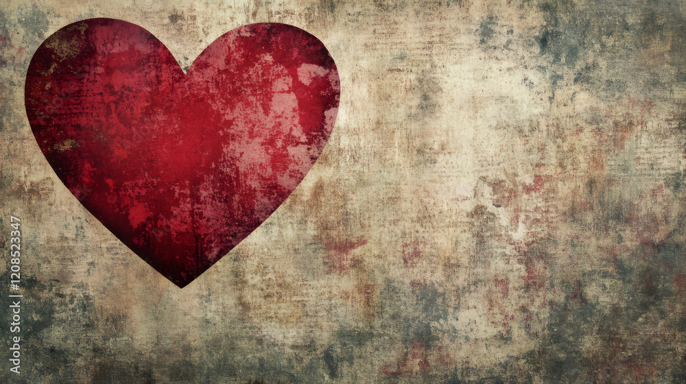 Poster weathered red heart lying on distressed surface, representing heartfelt emotion and romantic sentime