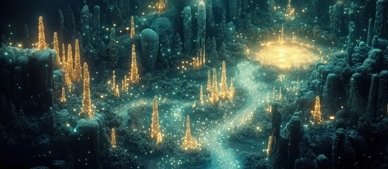 Enchanting glowing fantasy landscape with towering castles misty mountains and a magical atmosphere  A serene and captivating otherworldly scene that sparks the imagination and wonder