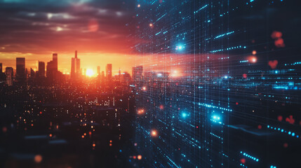 Obraz premium Smart digital Innovation city with connection network reciprocity over the cityscape. of future smart wireless digital city and social media networking systems that connects people with in city