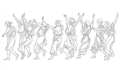 Minimalist line depictions folk dances and cultural performances.