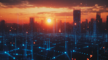 Fototapeta premium Smart digital Innovation city with connection network reciprocity over the cityscape. of future smart wireless digital city and social media networking systems that connects people with in city