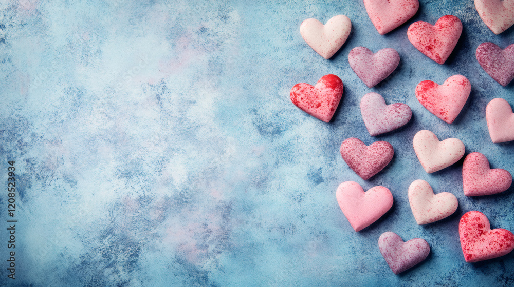 Poster valentine hearts bordering soft blue textured surface, creating romantic pink-red pattern with open 