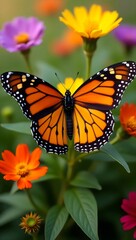 Fototapeta premium Monarch Butterfly with Open Wings Surrounded by Colorful Flowers