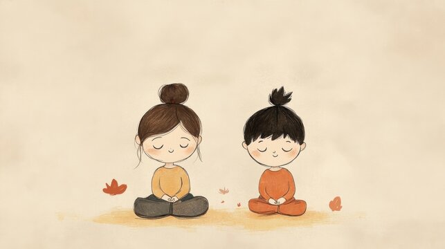 Smiling Children Meditating, Peaceful Autumn Scene