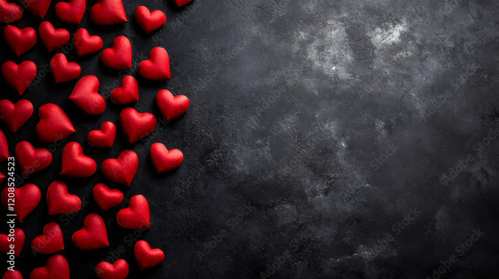 Poster Many red hearts lying on a dark textured background creating a romantic Valentine's Day greeting card with copy space