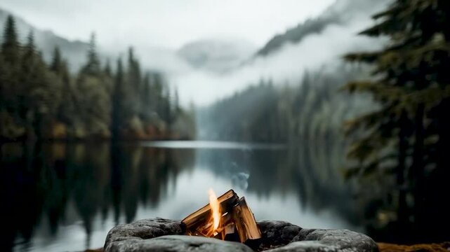 bonefire at the lake in the morning