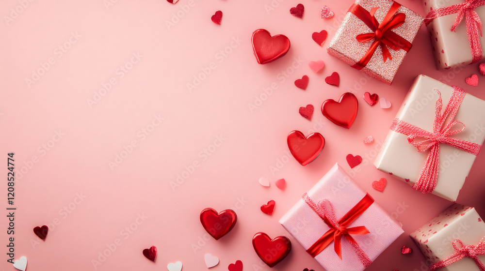 Poster gift boxes and hearts creating a valentine's day themed composition on a pink surface with copy spac