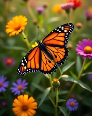 Close-Up of Monarch Butterfly Flying Among Colorful Flowers in Summer Meadow
