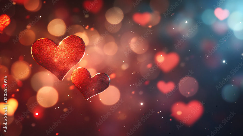 Poster romantic background with two red hearts floating on a blurred background with bokeh lights, perfect 