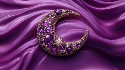 Fototapeta premium A celestial diamond brooch featuring moon and star motifs on a gradient purple night sky background.