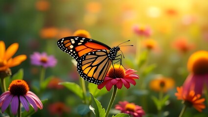 Monarch Butterfly on Pink Flower in Sunny Field with Golden Light