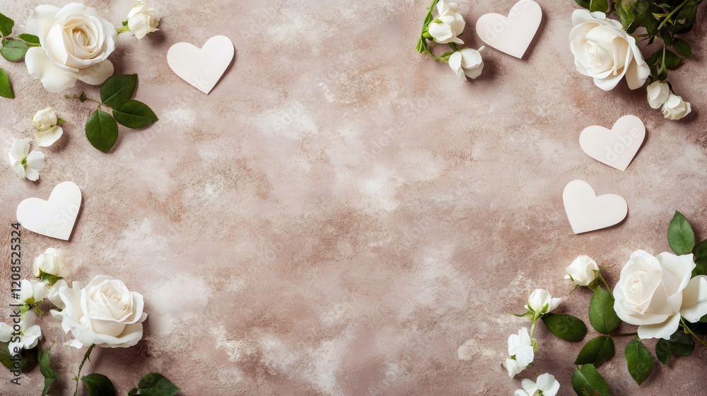 Poster white roses and hearts creating a frame on a textured background, perfect for valentine's day projec