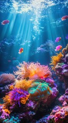 Stunning underwater panorama showcasing a vibrant coral reef ecosystem teeming with diverse colorful marine life set against a serene