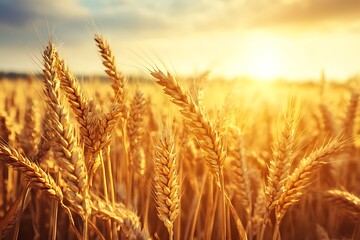 Fototapeta premium Golden Wheat Field at Sunset: A Bountiful Harvest