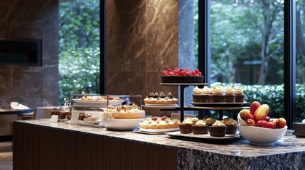 Fototapeta premium A coffee and dessert station in a hotel lobby, showcasing cakes, pastries, and specialty coffees.