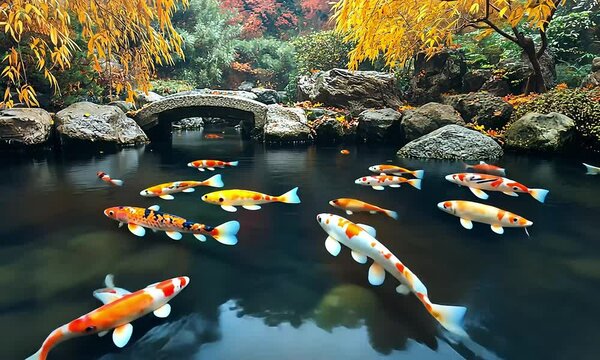 Colorful Koi fish swim in a serene pond surrounded by autumn foliage and a stone bridge. (1)