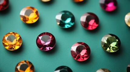 A collection of gemstones in circular shapes on a bright teal background.