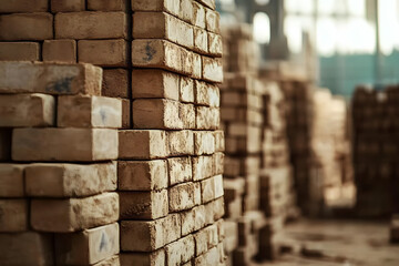 Stacks of clay bricks showcase earthy textures and construction