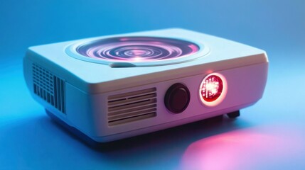 Fototapeta premium A compact projector with a glowing lens on a soft blue background.