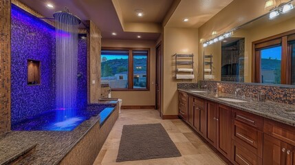 A contemporary bathroom featuring a walk-in rain shower, marble walls, and under-cabinet lighting.