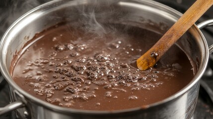 Rich Chocolate Mixture Simmering in a Pot with Steam Rising, Wooden Spoon Stirring, Delicious Dessert Preparation Scene in a Kitchen