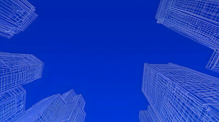 Fototapeta premium Abstract architectural blueprint of skyscrapers against a vibrant blue sky, viewed from a low angle, suggesting modern urban development and construction.