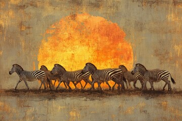 A herd of zebras walks across the savanna at sunset, a dramatic scene painted with textured...