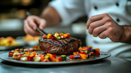 A skilled chef expertly prepares a succulent grilled steak, garnished with colorful sauteed vegetables, creating an exquisite culinary experience.