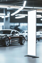 Pull-up banner mockup in modern car showroom with sleek vehicles and bright lighting for promotional display